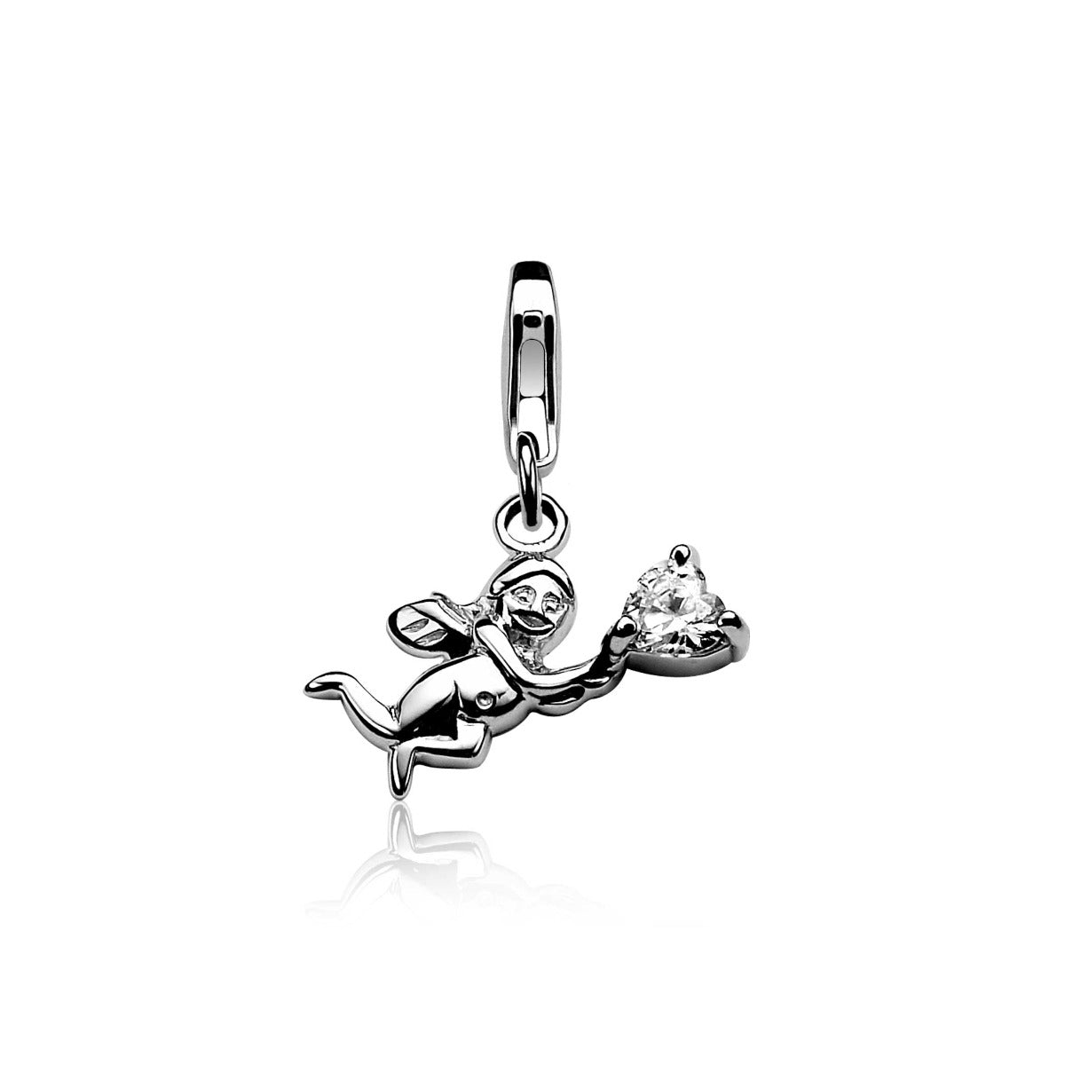 Silberner Charm in Form einer fliegenden Fee mit einem funkelnden Edelstein
