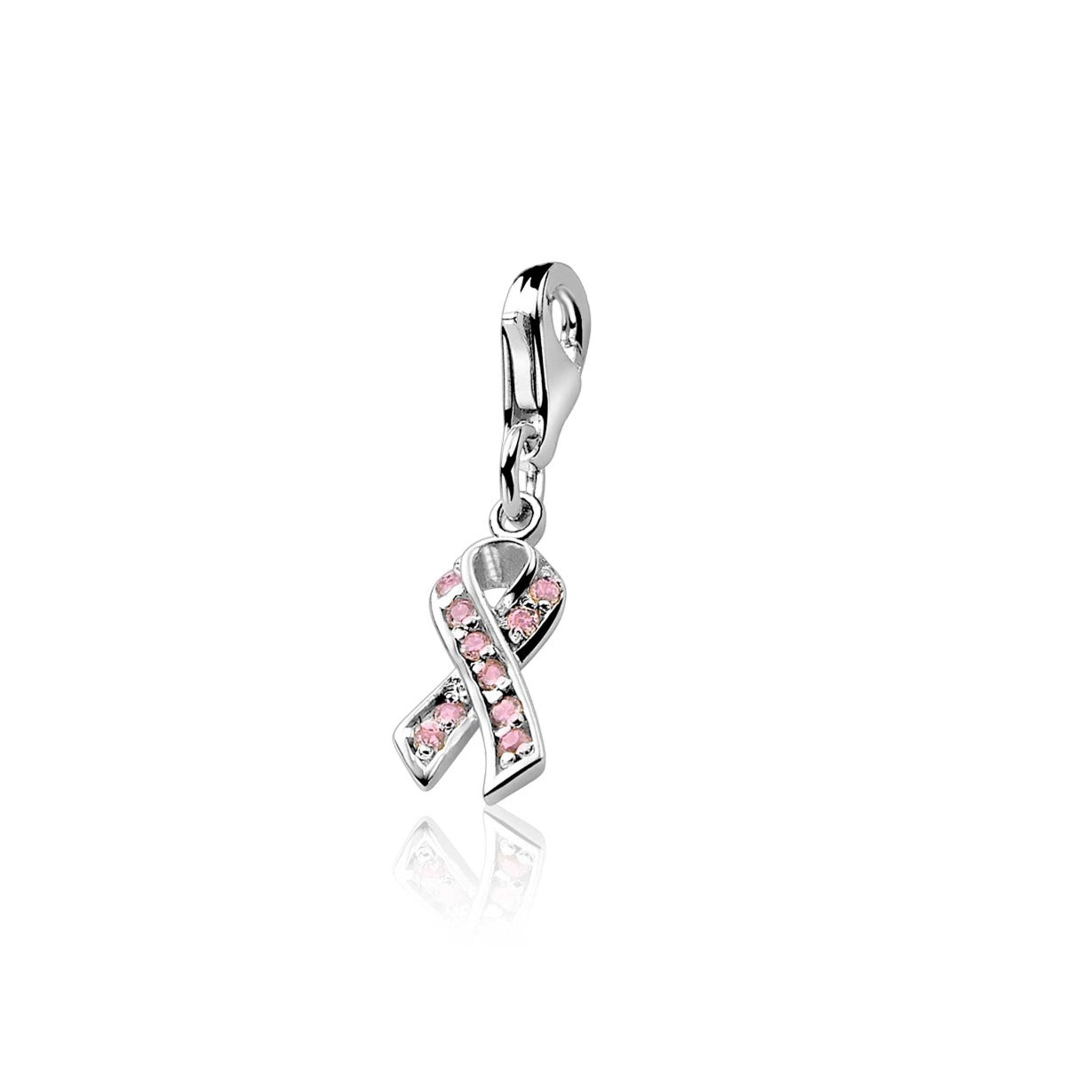 Silberner Charm in Form eines Schleifenmotivs mit rosa Steinen