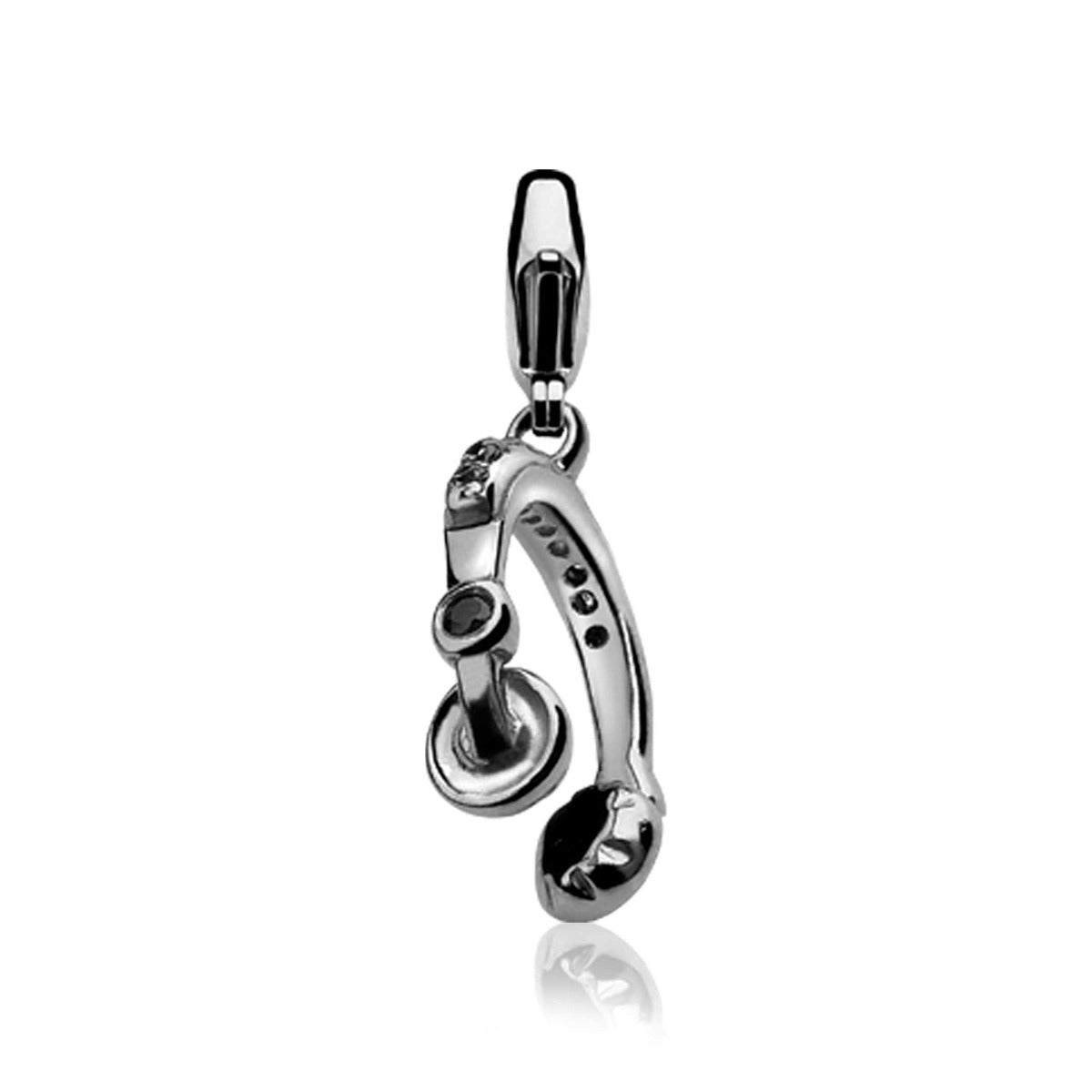 Hängender silberner Charm in Form eines Telefonhörers mit schwarzen Steinen