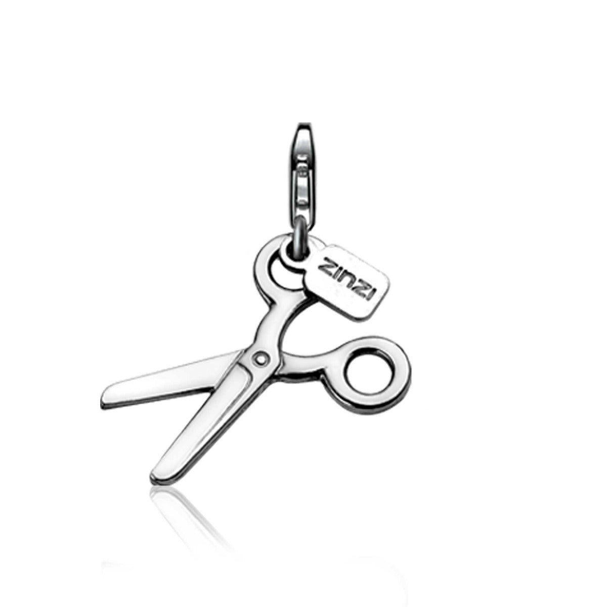 Charm in Form von Scheren aus Silber mit einem kleinen Anhänger und Zinzi-Logo