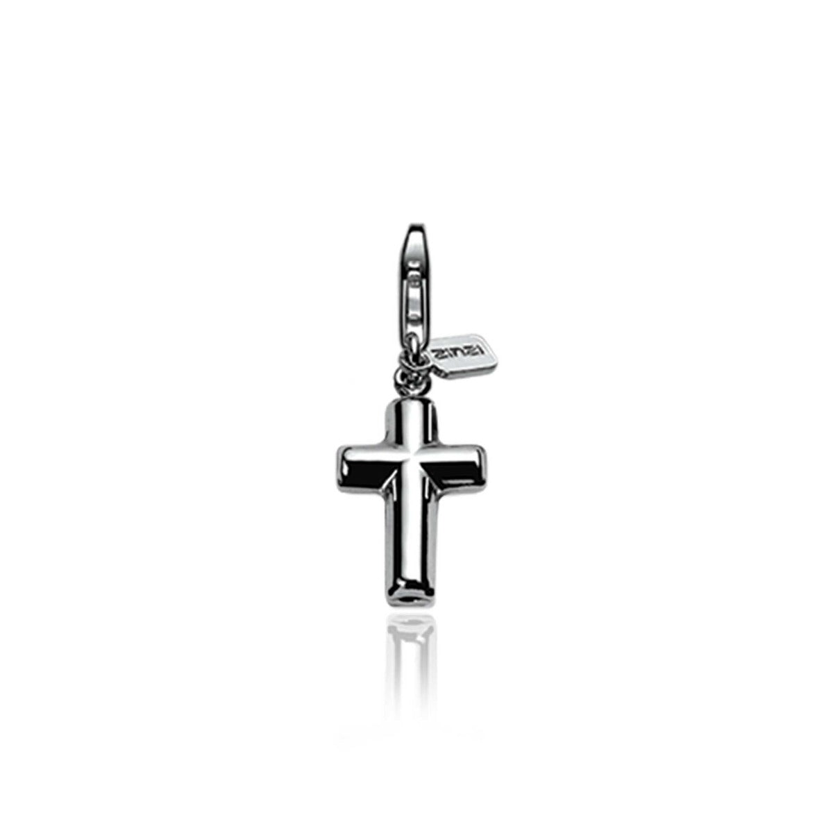 Silberner Kreuz-Anhänger mit glänzender Oberfläche und kleiner Zinzi-Tag.