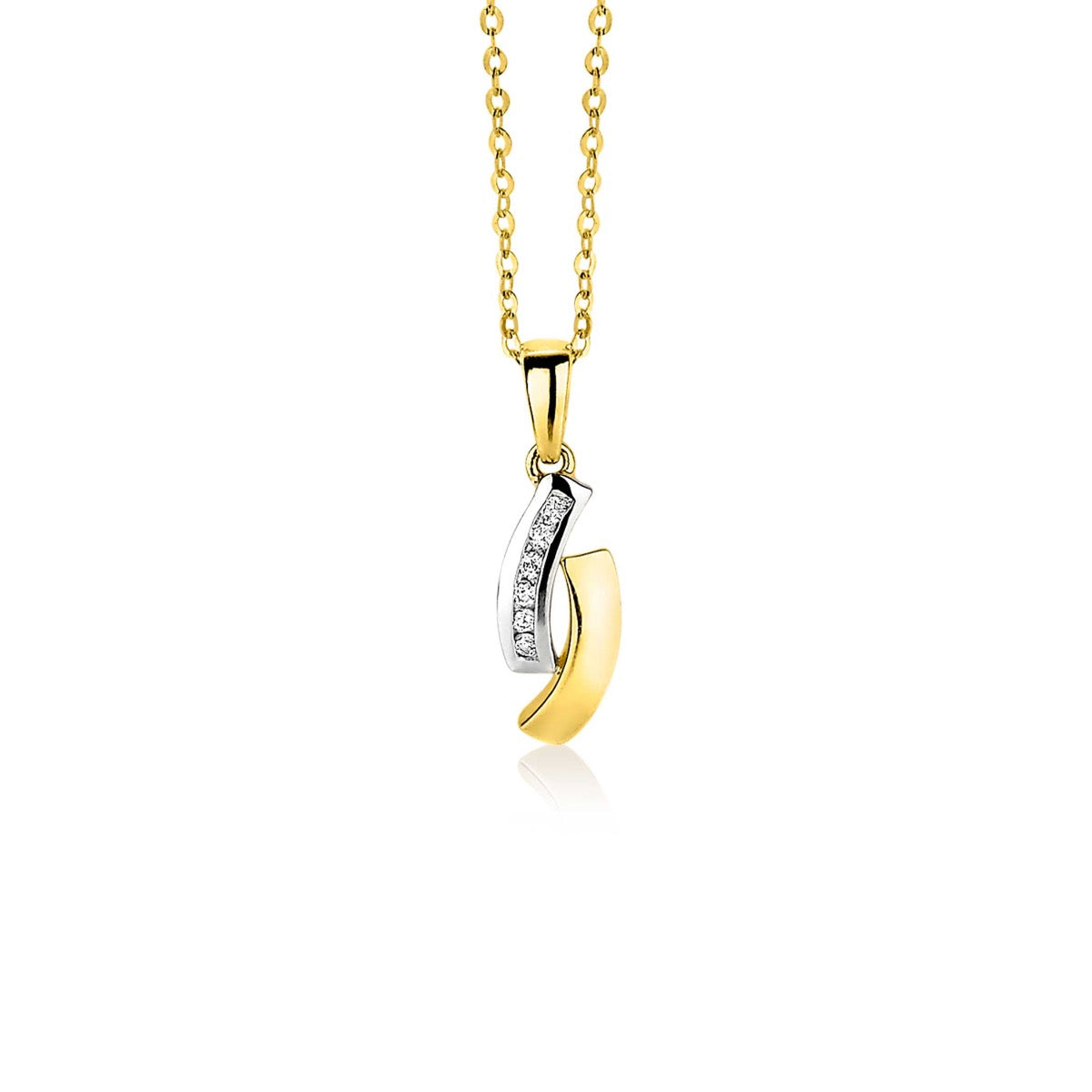 Hänger aus goldfarbenem Metall mit einem silbernen Element und kleinen, funkelnden Steinen