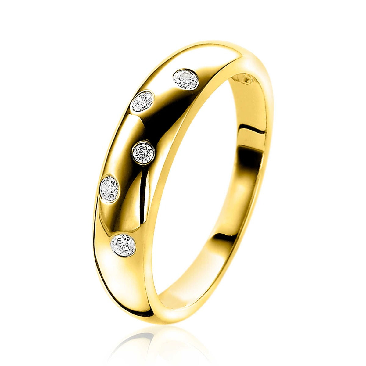 Ring aus Gold mit fünf kleinen, funkelnden Edelsteinen in unregelmäßiger Anordnung