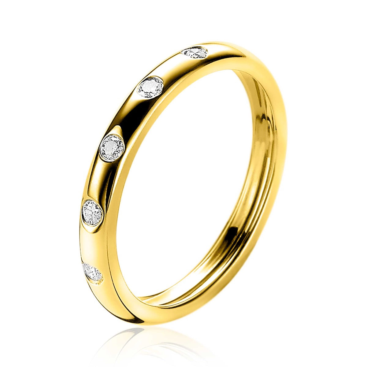 Ring aus Gold mit sieben kleinen, funkelnden Edelsteinen entlang der Oberfläche