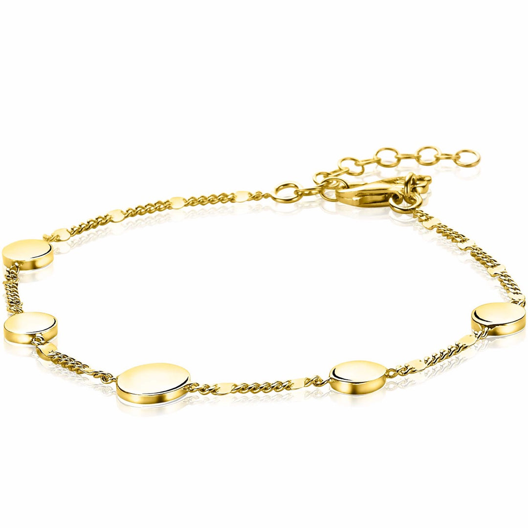 Ervaar de elegantie van onze Zinzi Armband Gold Plated Zia2158 G, voorzien van een delicate ketting met vijf gelijkmatig verdeelde gouden schijfjes en een verstelbare sluiting voor een perfecte pasvorm, die stijl en veelzijdigheid biedt.