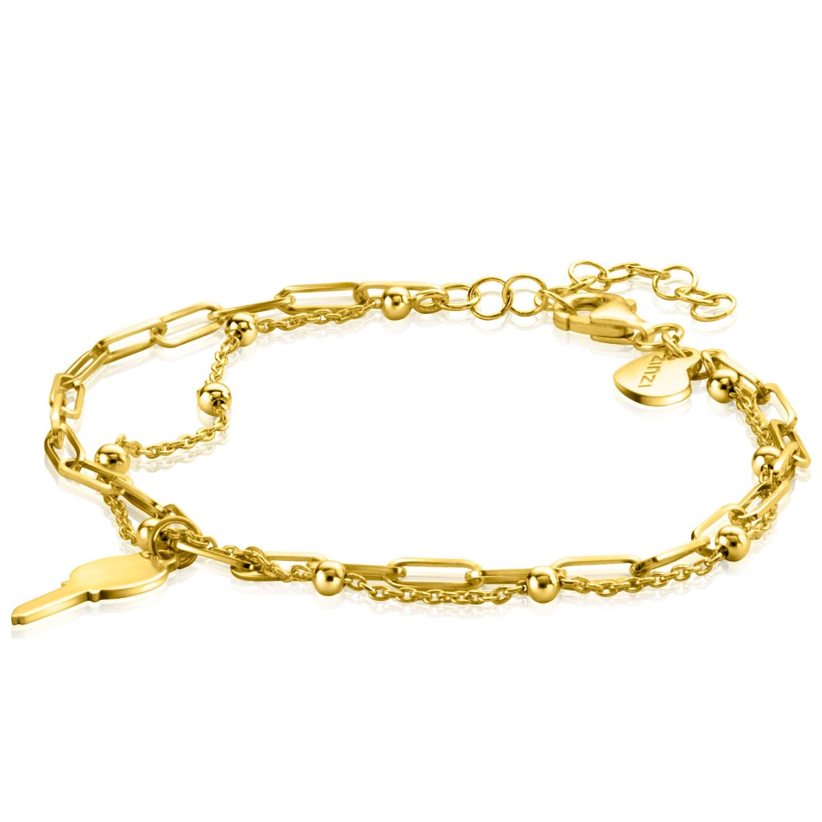 Goldplattiertes Armband mit ovalen Gliedern und kleinen Kugeln, verstellbar mit Karabinerverschluss
