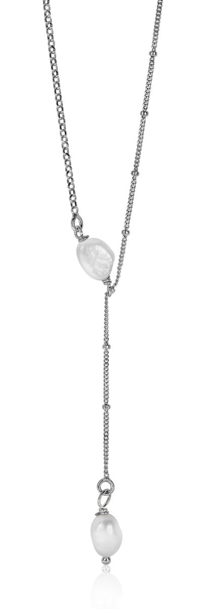 Kette aus Silber mit einer weißen Perle und einem ovalen Anhänger, feine Gliederkette