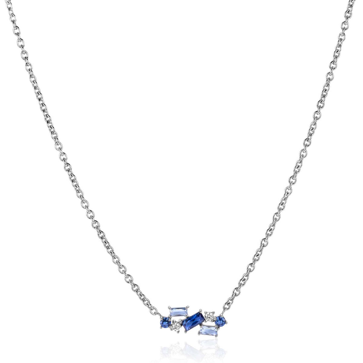 Kette aus Silber mit blauen und klaren Edelsteinen in verschiedenen Formen
