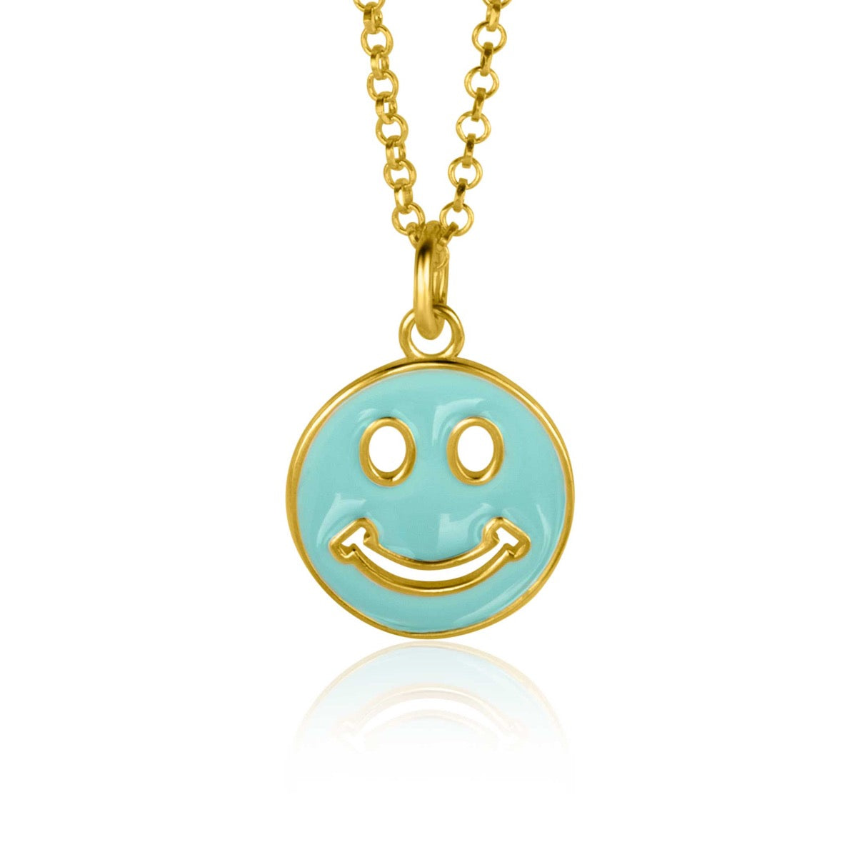 Hängender Smiley-Anhänger aus vergoldetem Metall mit türkisfarbener Emaille und feiner Kette