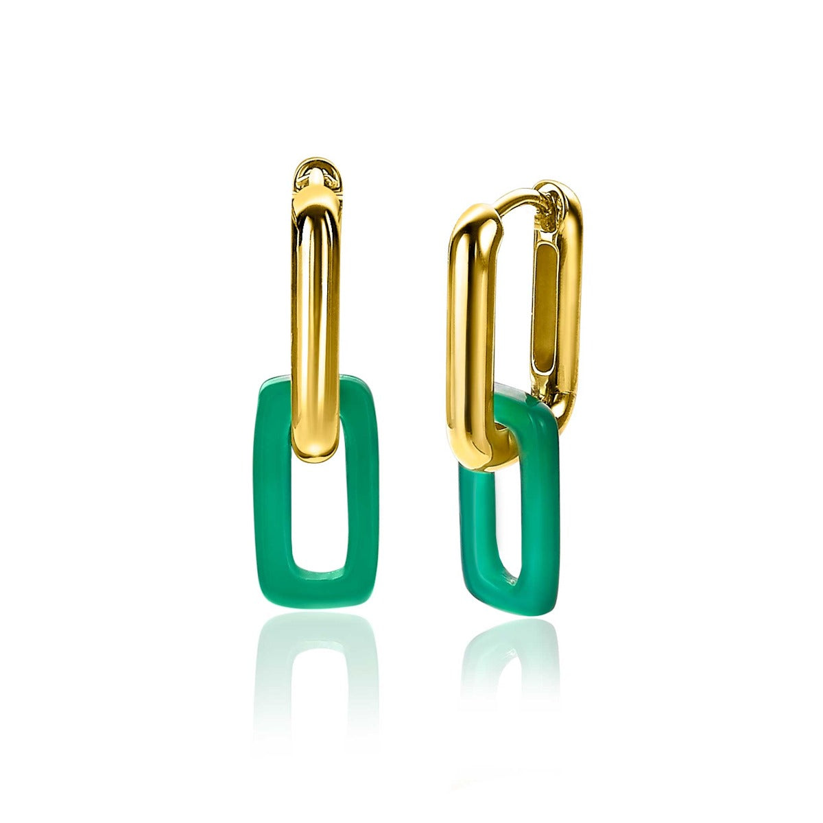 Goldplattierte Ohrringe mit grünem, rechteckigem Anhänger und ovalem, goldfarbenem Element