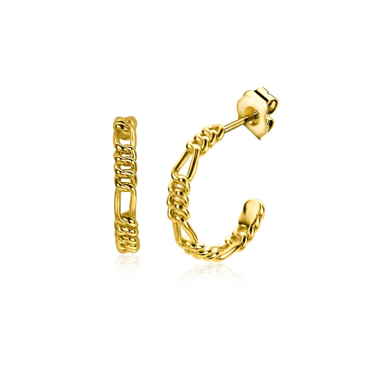 Klapp-Ohrringe aus vergoldetem Material mit einer Kettenstruktur in Gold.