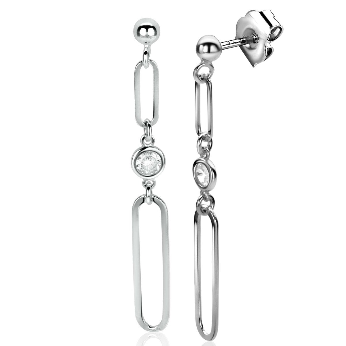 Ohrringe aus Silber mit zwei länglichen Gliedern und einem klaren Edelstein in der Mitte