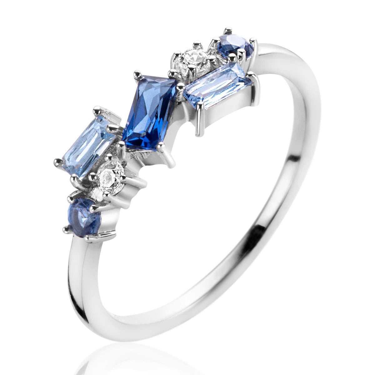 Ring aus Silber mit blauen und transparenten Edelsteinen in verschiedenen Formen