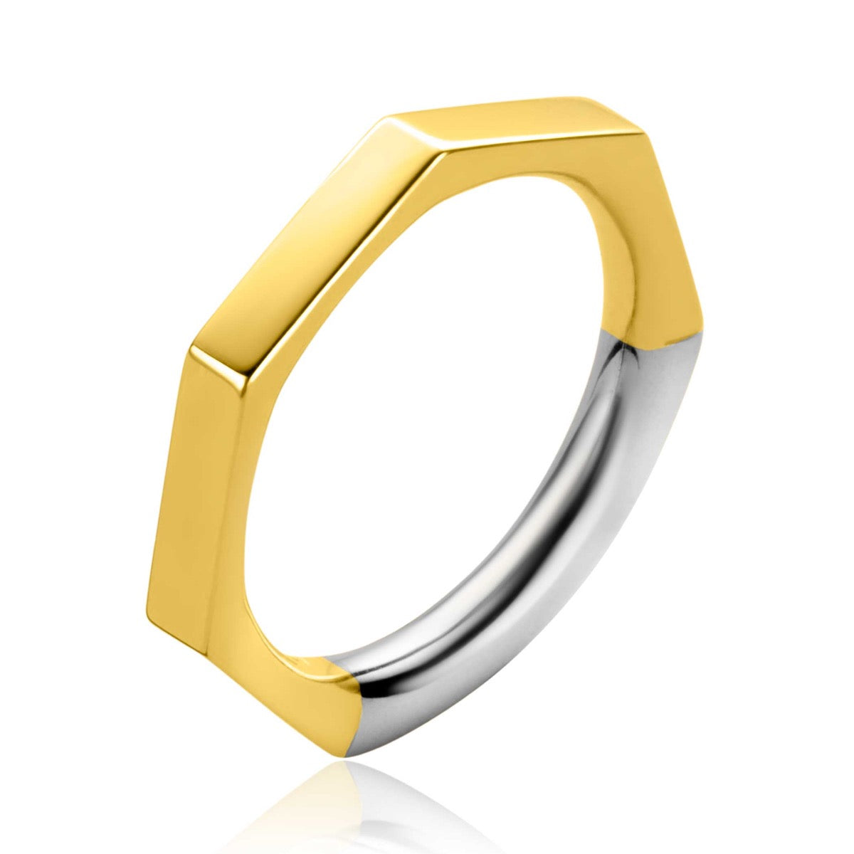 Ring mit goldfarbener und silberfarbener Oberfläche in sechseckiger Form