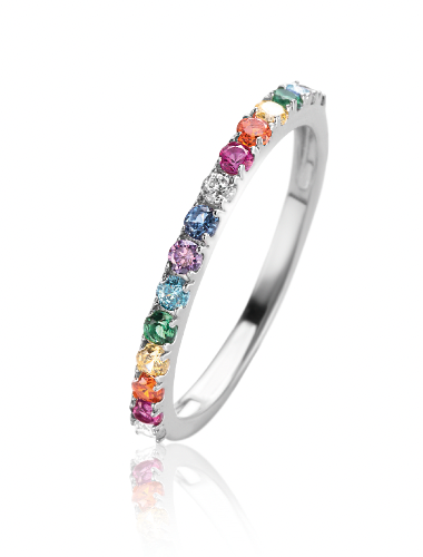 Ring aus Silber mit bunten Zirkonia-Steinen in verschiedenen Farben entlang des Rings