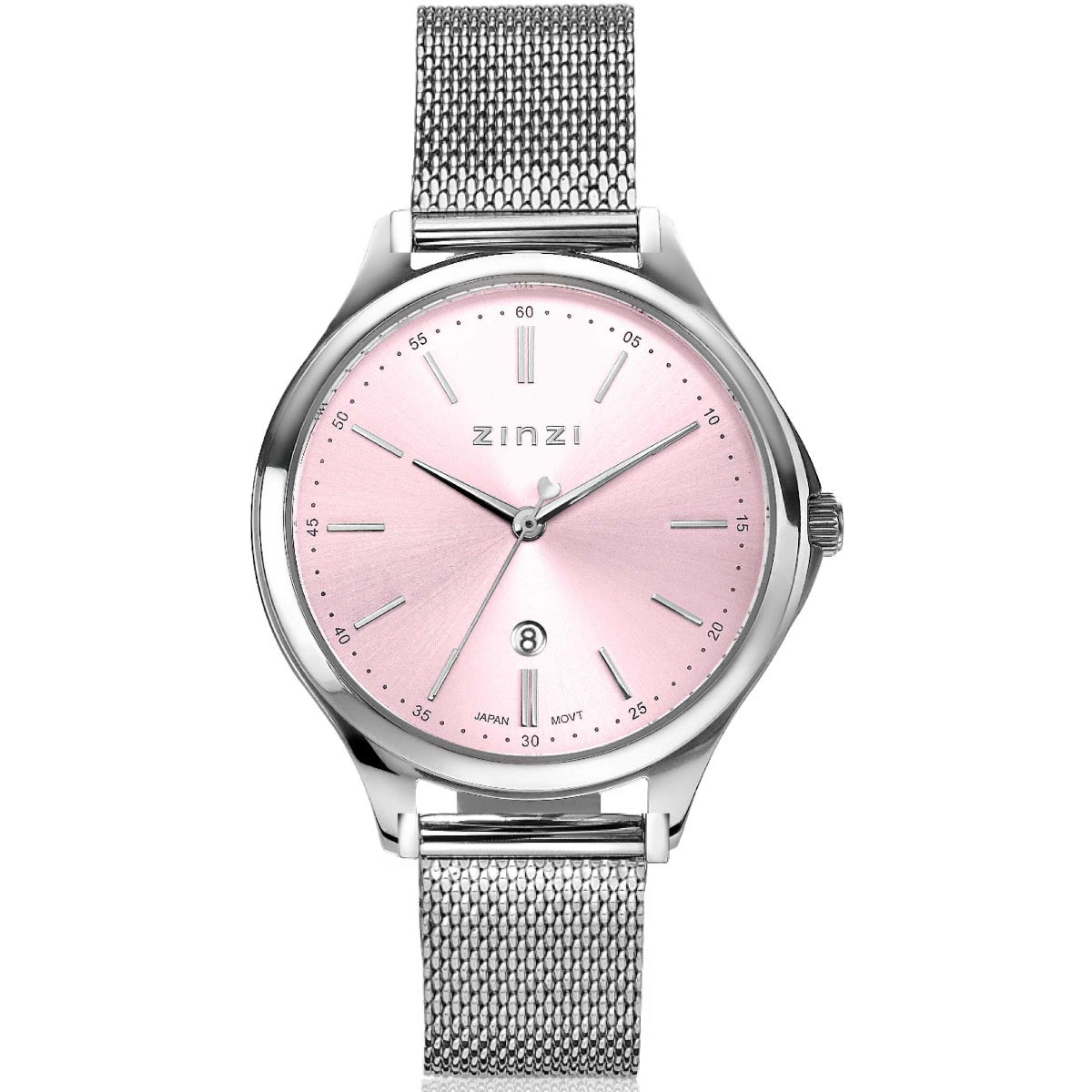 Silberfarbenes Stahl-Horloge mit roséfarbenem Zifferblatt und Mesh-Armband