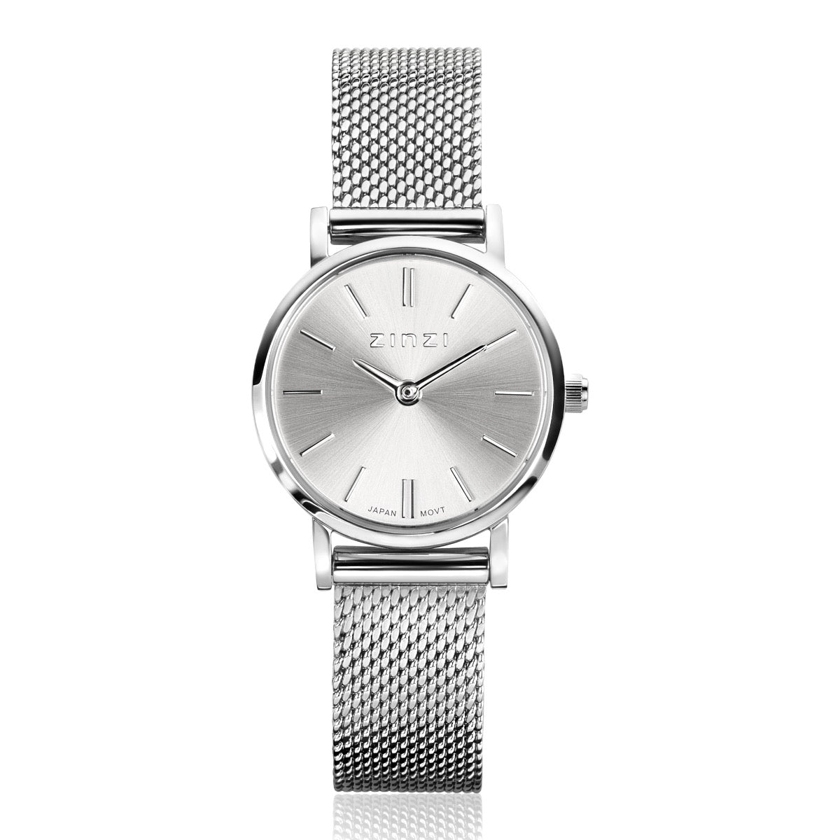 Silbernes Stahlarmband mit rundem Gehäuse und silbernem Zifferblatt, Mesh-Armband