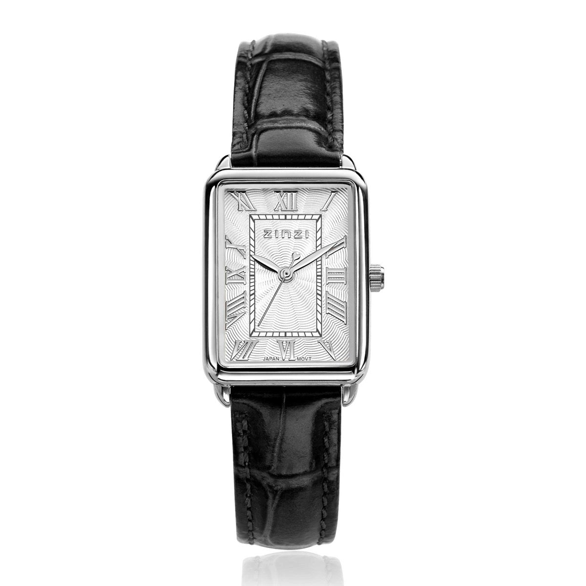 Silberfarbenes Stahlgehäuse mit rechteckigem Zifferblatt und schwarzem Lederarmband