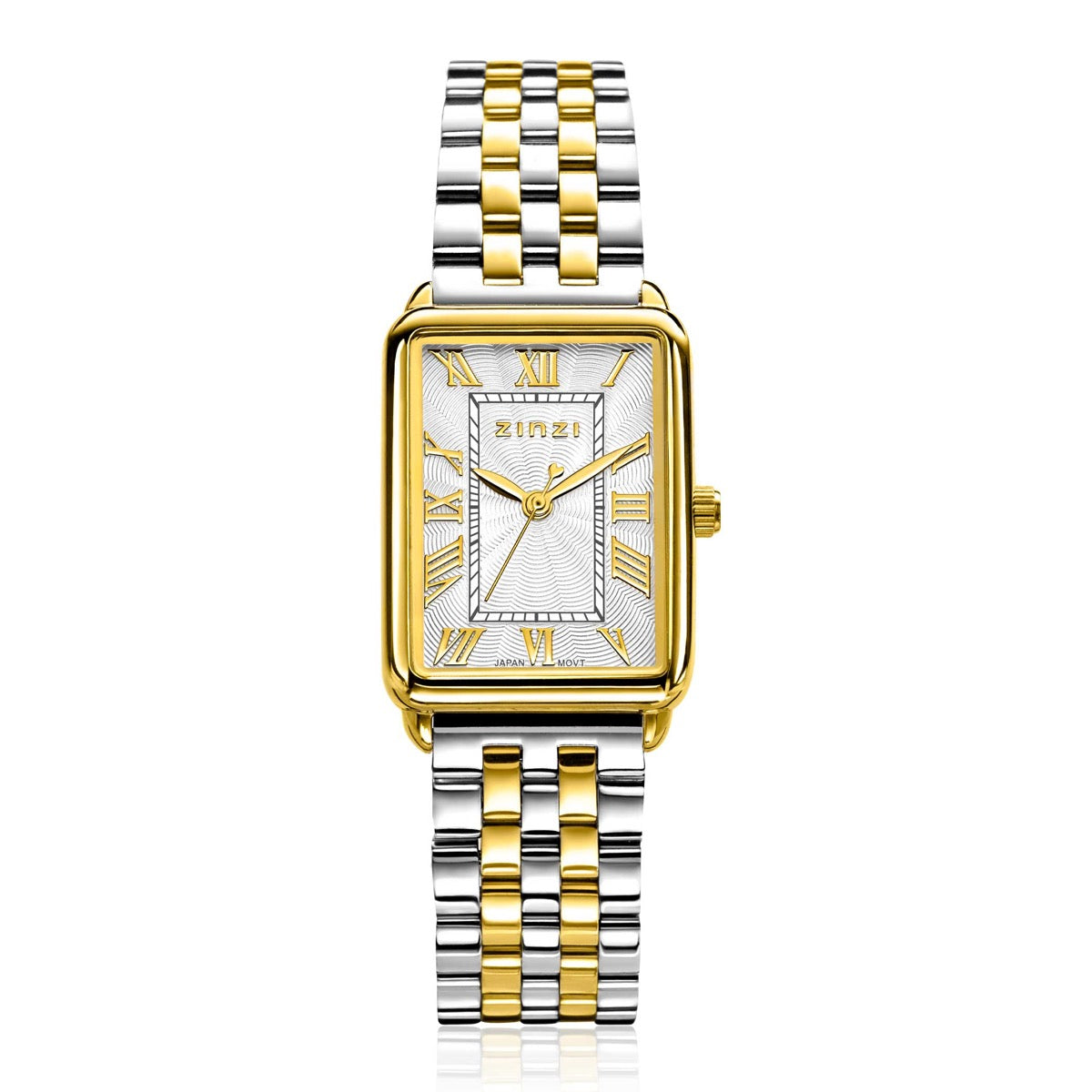 Rechteckige Uhr mit silbernem und goldfarbenem Edelstahlarmband sowie silbernem Zifferblatt und goldenen Ziffern