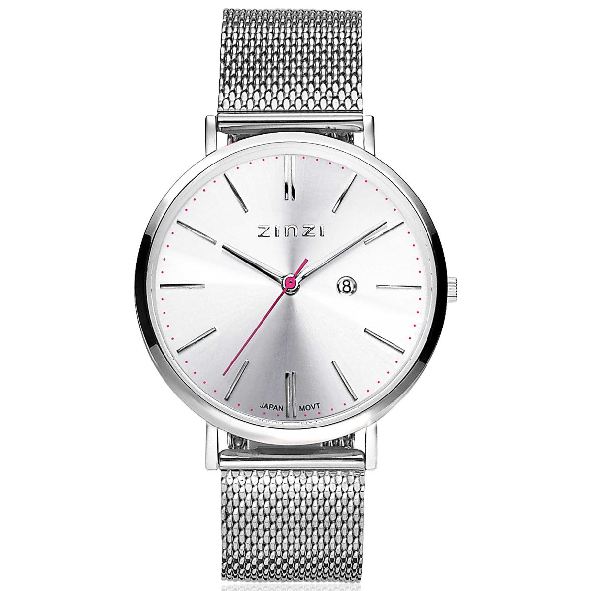 Silberfarbenes Stahl-Horloge mit silbernem Zifferblatt und rotem Sekundenzeiger, Mesh-Armband