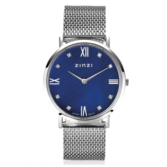 Silbernes Stahlarmband mit blauem Zifferblatt und Strasssteinen, römischen Ziffern und Mesh-Armband