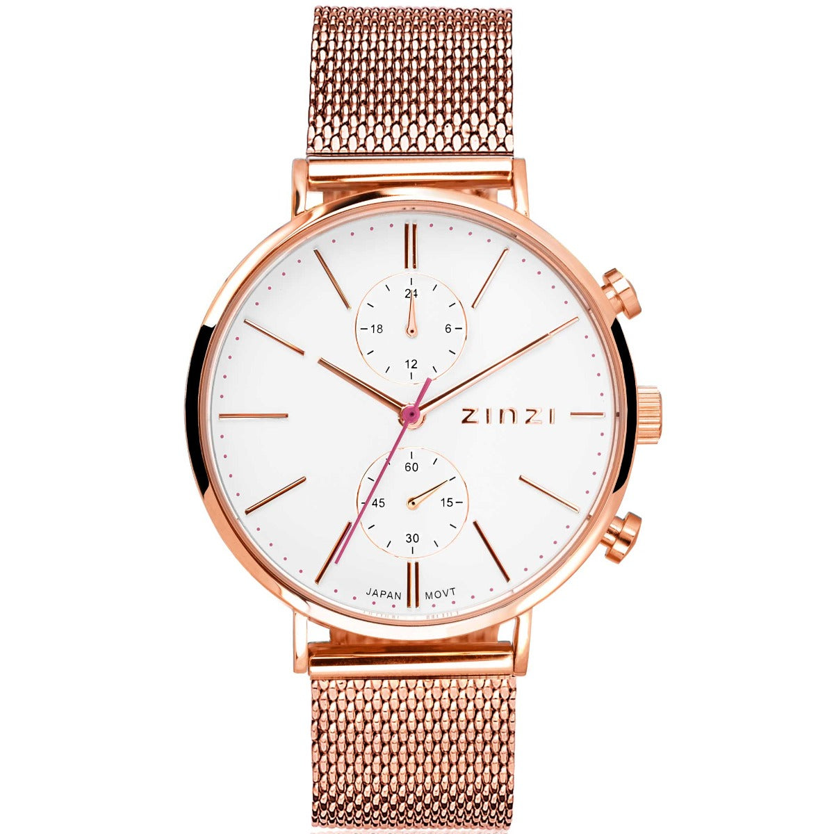 Roségoldfarbenes Armband mit weißem Zifferblatt und zwei Subdials
